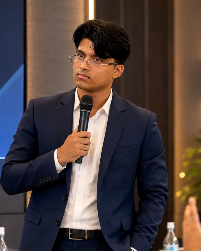 Jonah Joy in glasses and a navy suit, holding a microphone and listening to a question